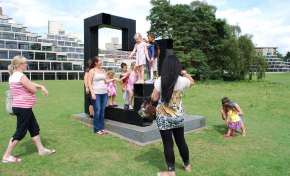 Families interact with Ian Tyson's Proximity, 2006, as part of the Making Friends project with Earlham Nursery School, 2017