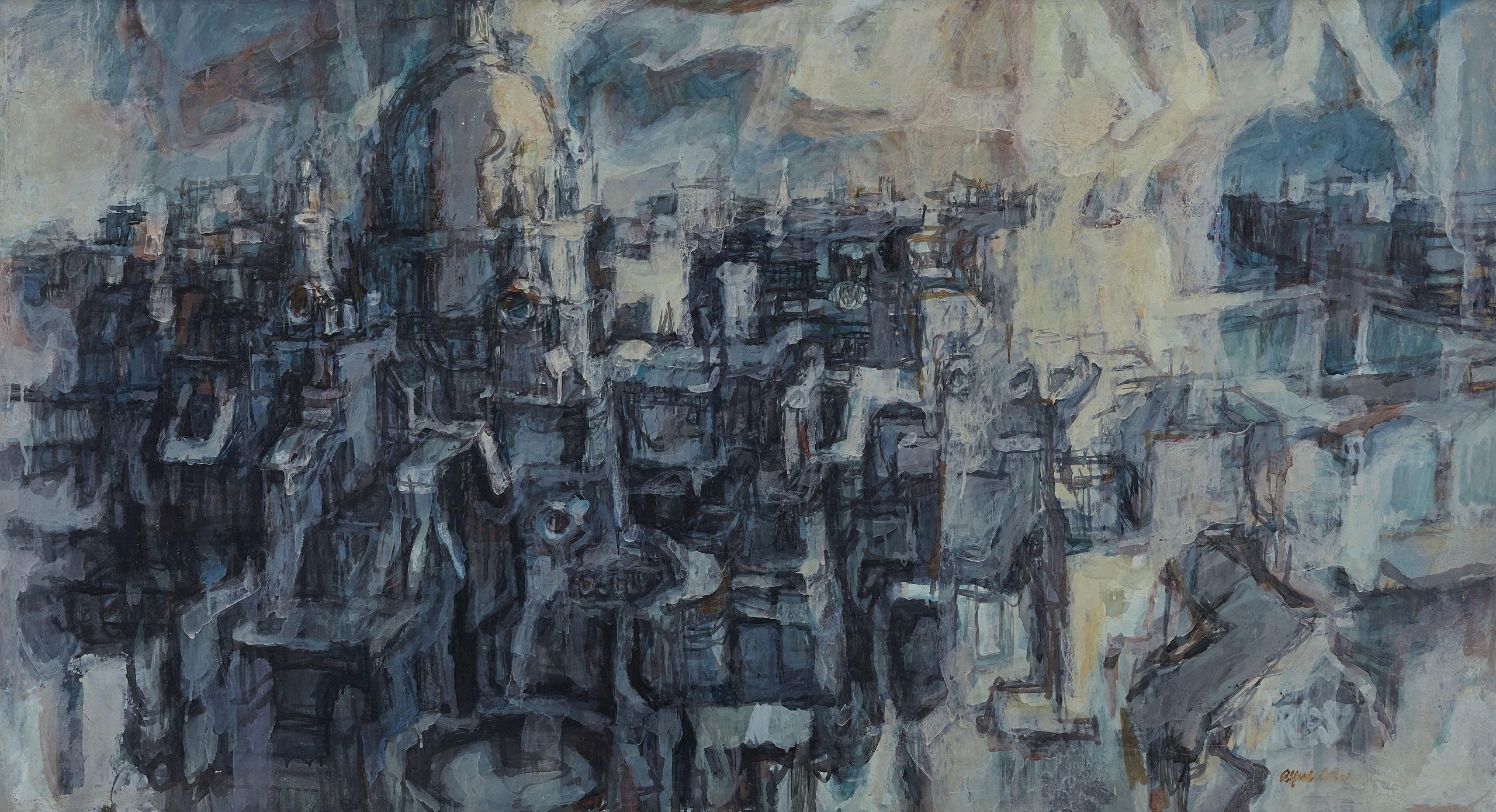 Grey/ blue painting of a London landscape with St Paul's Cathedral