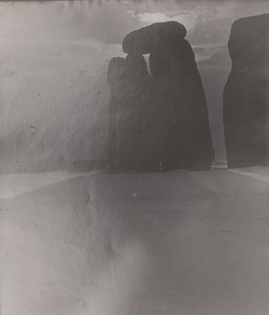 Black and white photograph of the historical site of Stonehenge