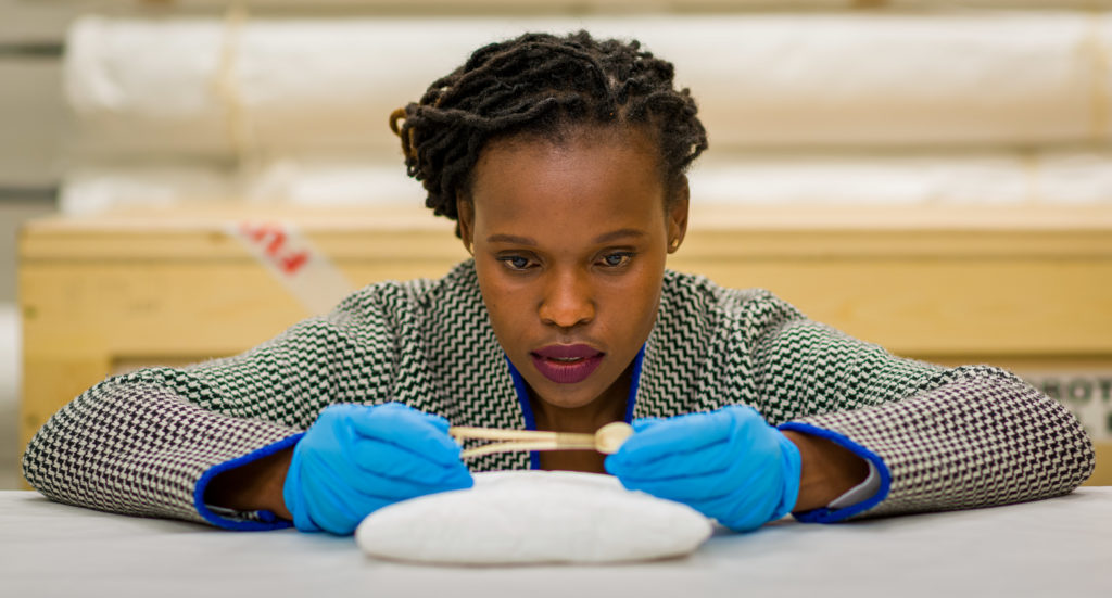 Sethembile Msezane with the snuff spoon she focused on as part of her residency. Photo: Andy Crouch