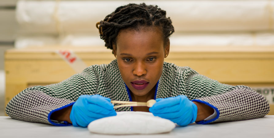 Sethembile Msezane with the snuff spoon she focused on as part of her residency. Photo: Andy Crouch
