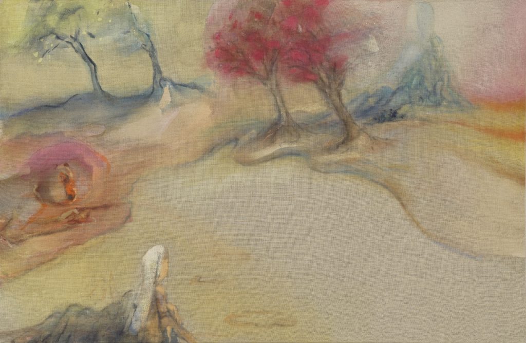 Tempura painting depicting a human figure in a landscape