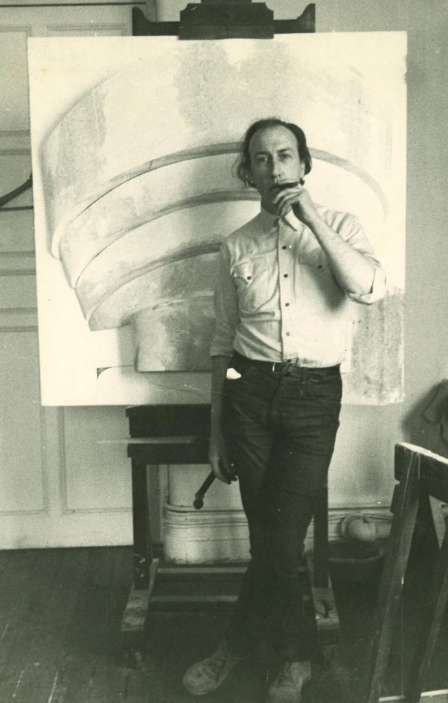Mary Webb's tutor, the artist Richard Hamilton in front of one of his iconic relief paintings of the Guggenheim Museum, photographed at Newcastle, 1964.
