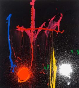 A painting by John Hoyland. Red, yellow, blue, orange and white abstract marks on a black background.