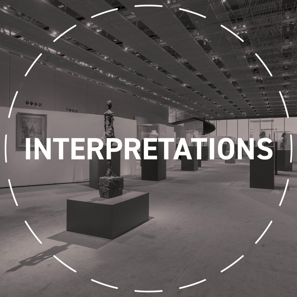 Interpretations podcast series logo white text over a black and white image of the Sainsbury Centre Living Area
